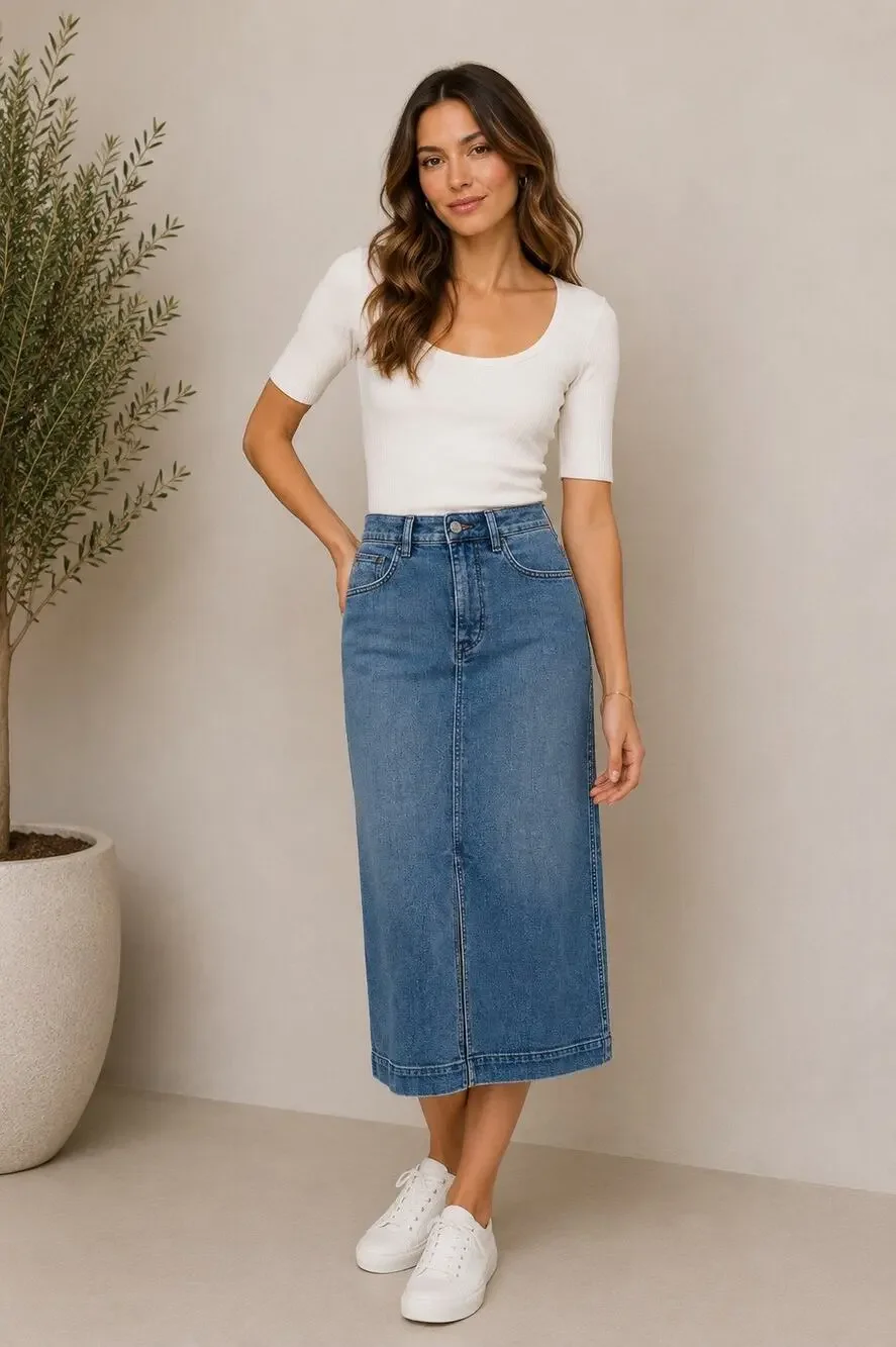 Faherty Stretch Terry Midi Skirt Riverton Denim Look A-Line NWT Size 6 Coastl
